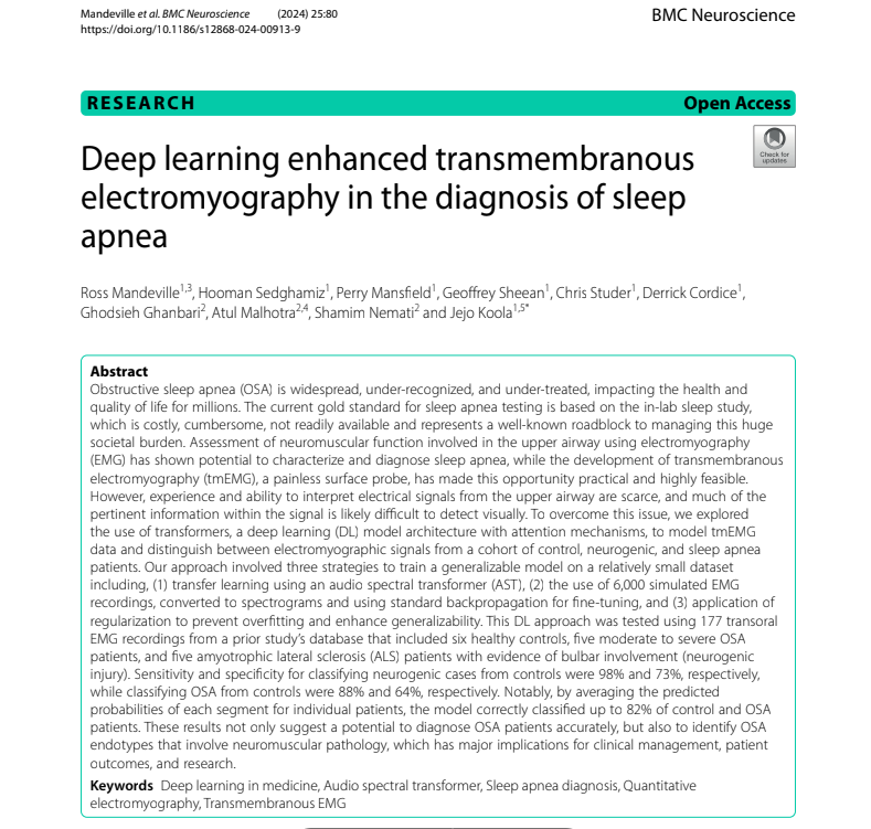 Deep Learning Enhanced Transmembranous Electromyography in the Diagnosis of Sleep Apnea