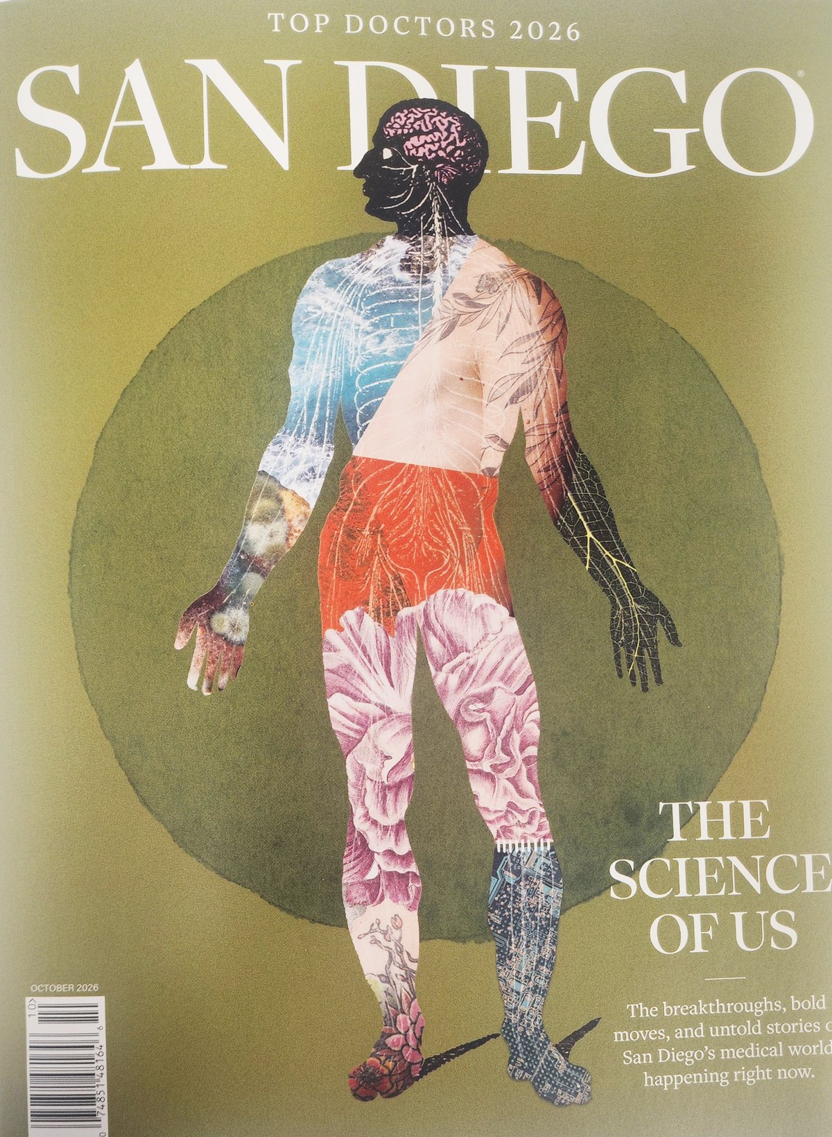 The October 2026 San Diego Magazine Top Doctors issue, illustrated with a collage figure.