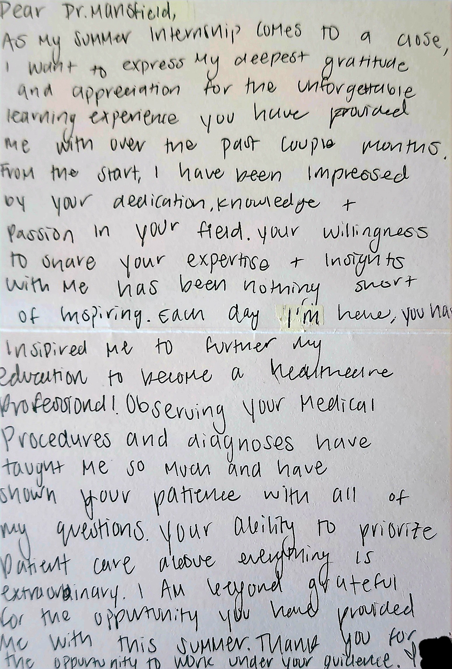 Heartfelt note from a student to Dr. Mansfield.
